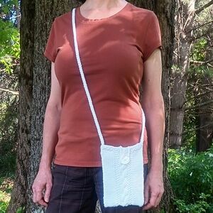Hand Crafted Handknit White Cableknit Crossbody Cell Phone Bag